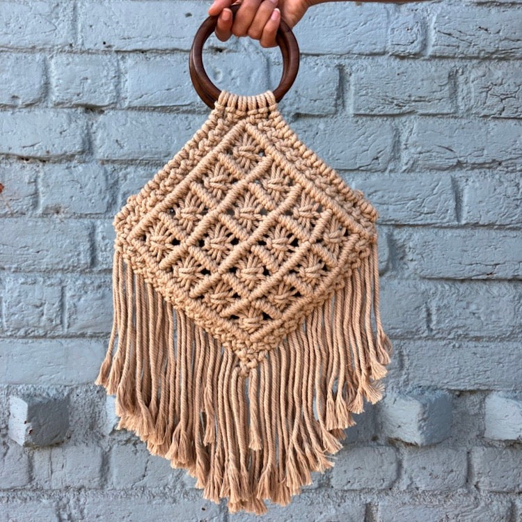 diamond shape hand bag with wooden handle macrame cotton bag beige color, gift for her